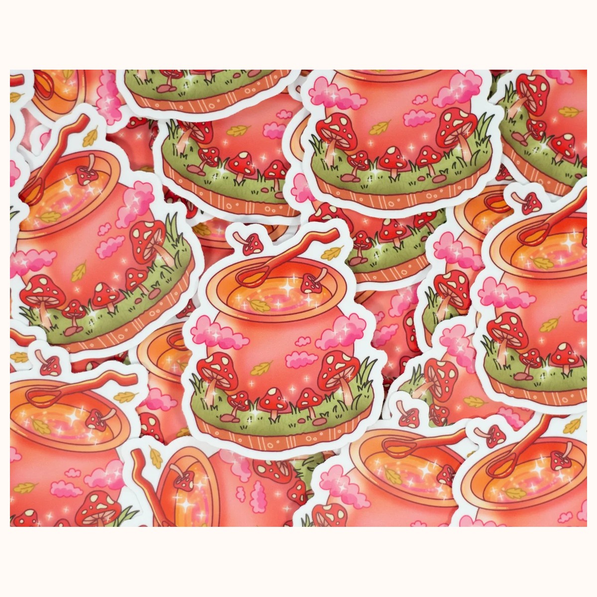 Mushroom Cauldron Vinyl Waterproof Sticker | Cute Kawaii Cottagecore Autumn Fall Witch Laptop Decal view 2