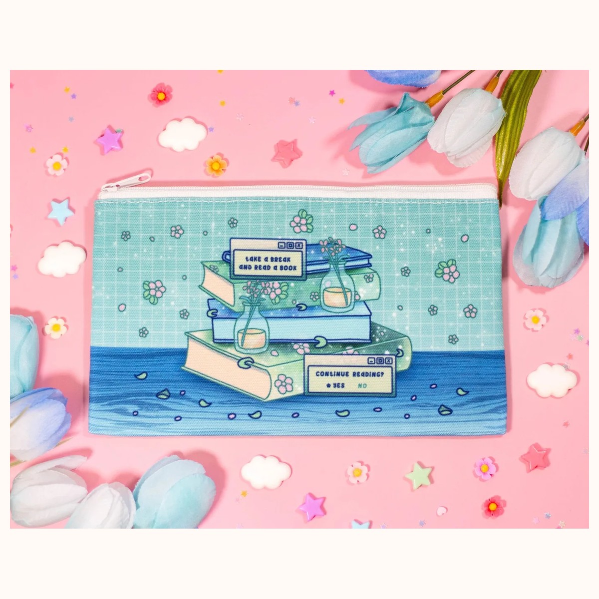 Stacked Books Cute Aesthetic Pencil Case | Bookworm Canvas Bag Zipper Pouch by Farouk Book Store