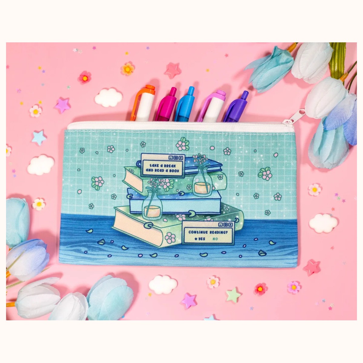 Stacked Books Cute Aesthetic Pencil Case | Bookworm Canvas Bag Zipper Pouch view 2