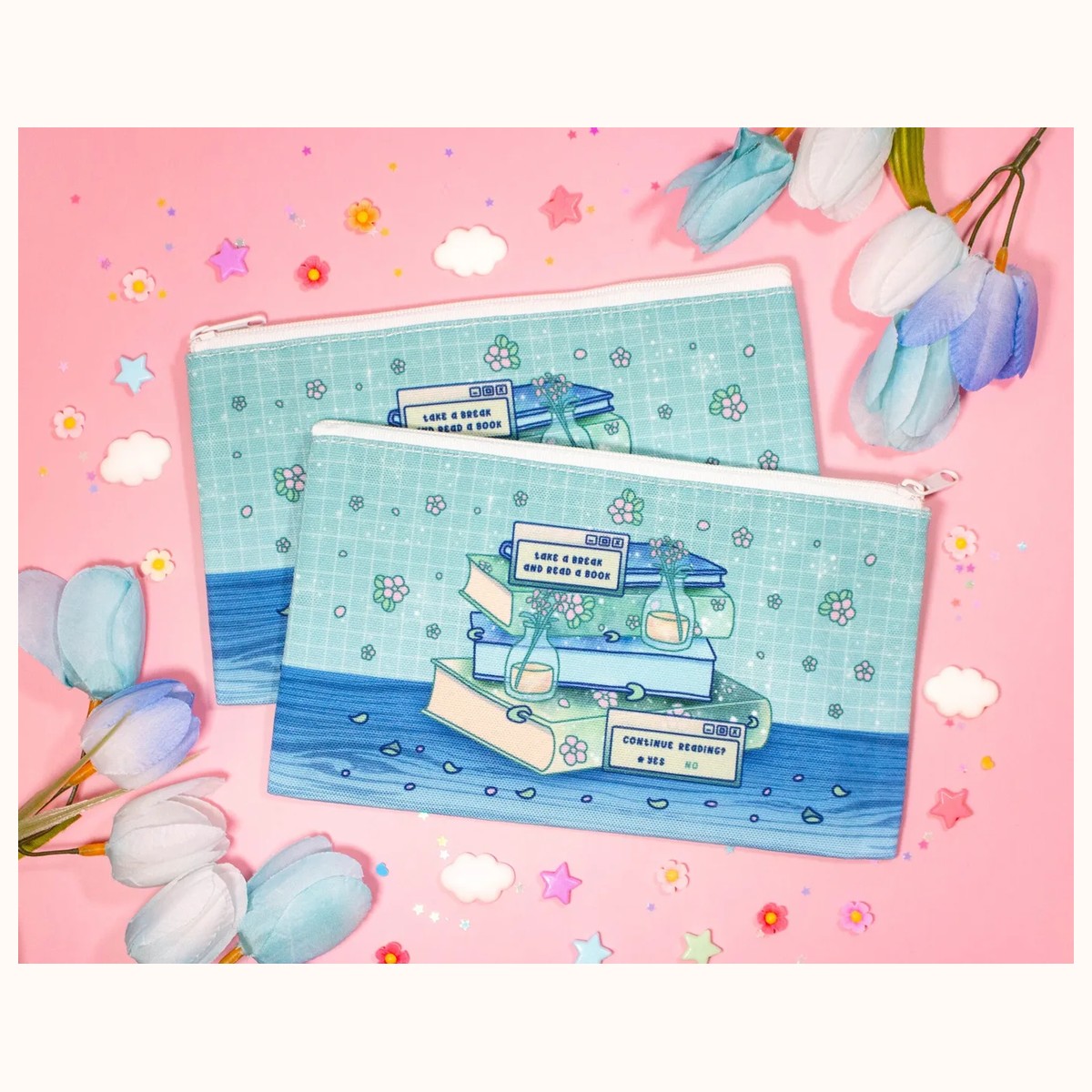 Stacked Books Cute Aesthetic Pencil Case | Bookworm Canvas Bag Zipper Pouch view 4