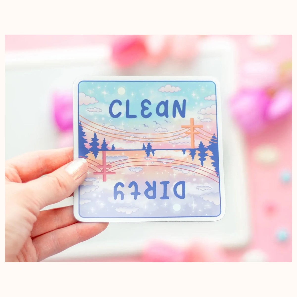 Day and Night Cute Aesthetic Dishwasher Square Magnet | Clean and Dirty Text by Farouk Book Store