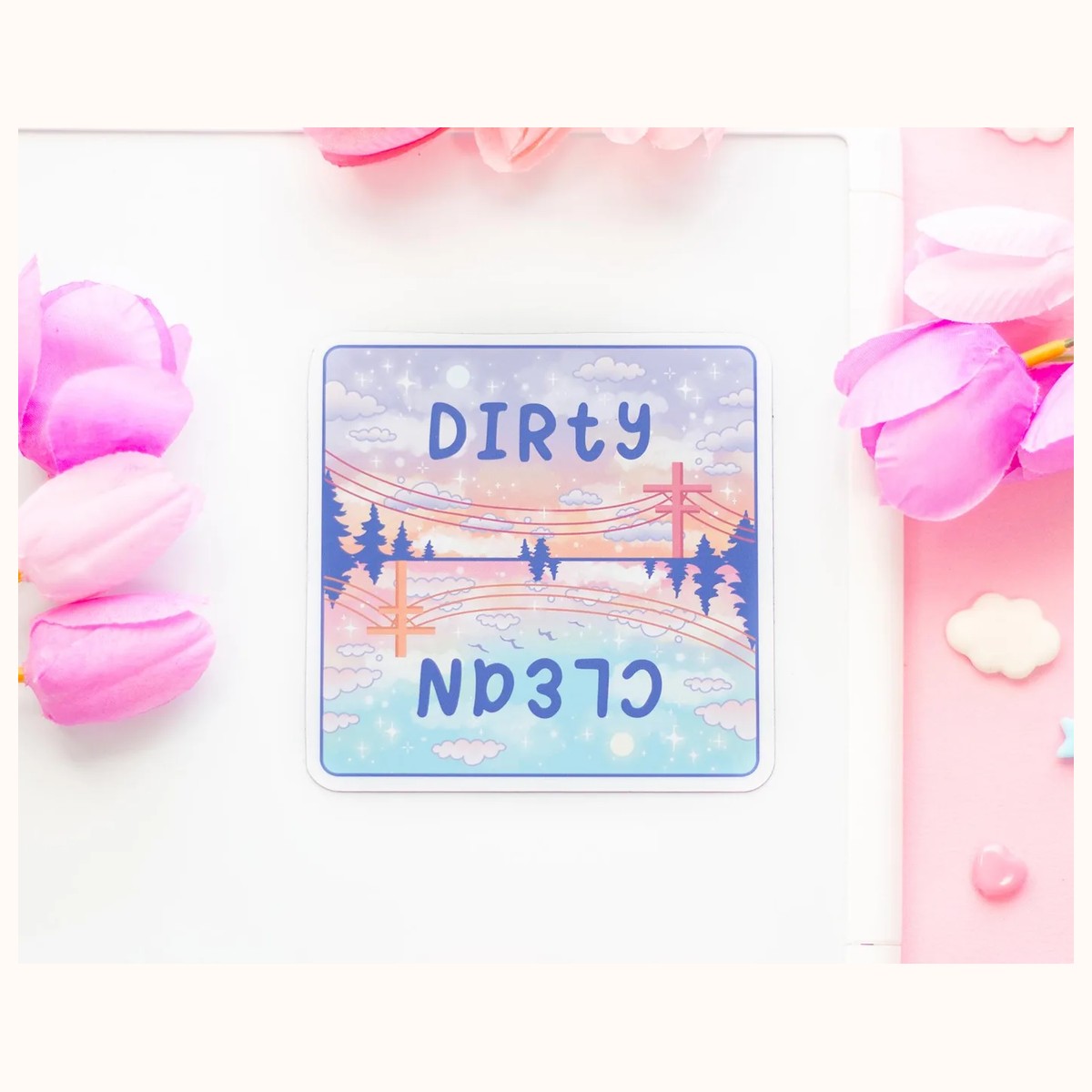 Day and Night Cute Aesthetic Dishwasher Square Magnet | Clean and Dirty Text view 2