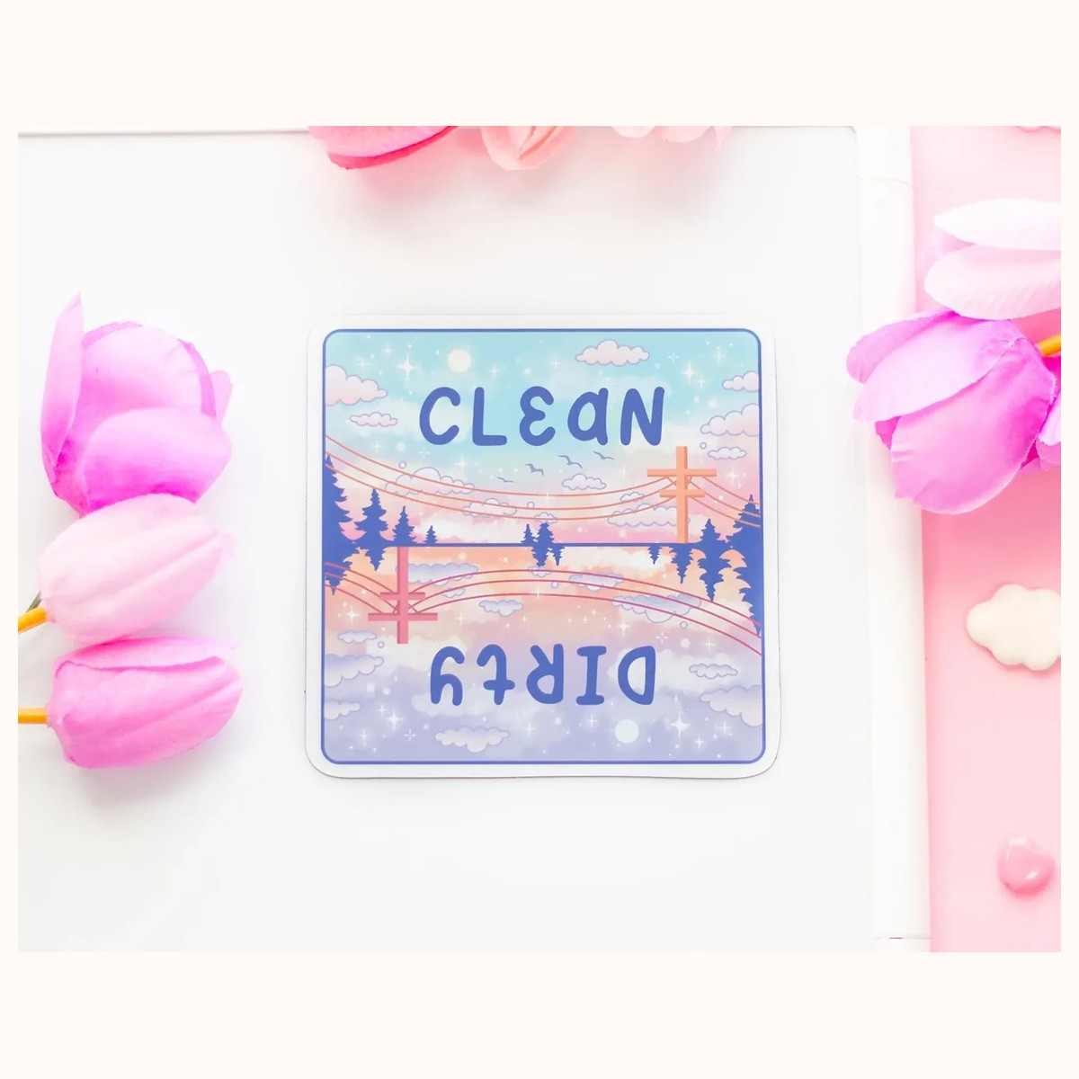 Day and Night Cute Aesthetic Dishwasher Square Magnet | Clean and Dirty Text view 3