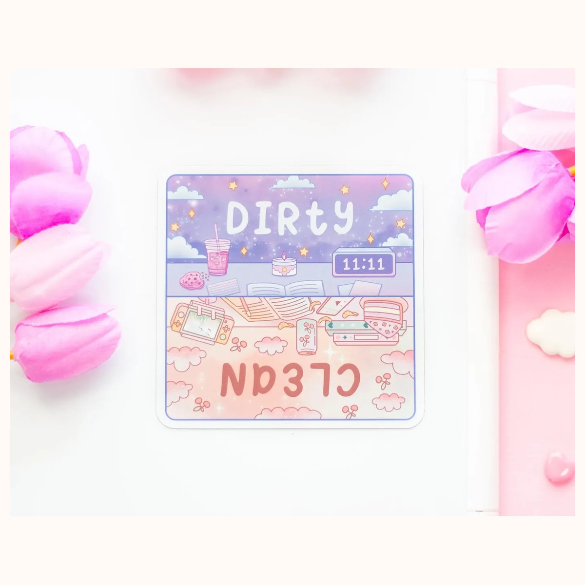 Study Cute Aesthetic Dishwasher Square Magnet | Clean and Dirty Text view 2