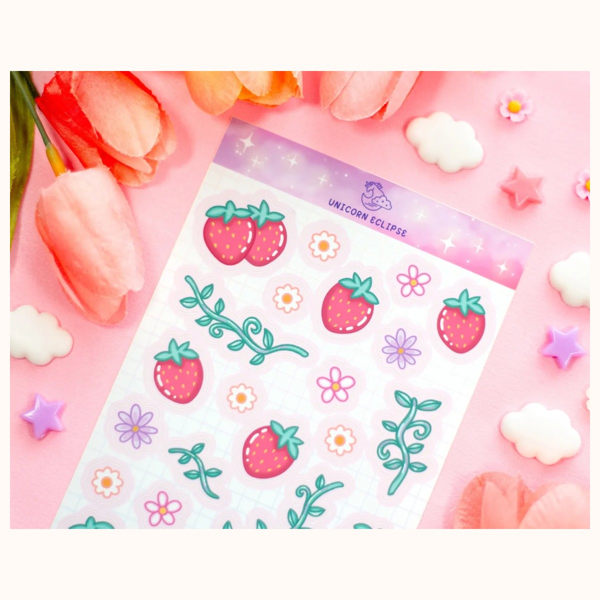 Strawberries Aesthetic Sticker Sheet | Planner Stickers, Kawaii Stickers view 3