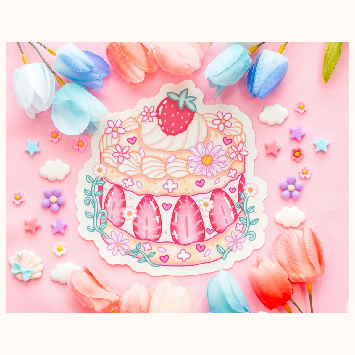Strawberry Cake Suncatcher Sticker | Rainbow Maker Window Decal view 3