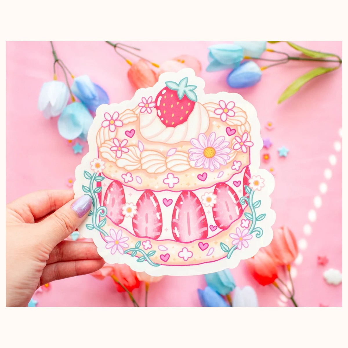 Strawberry Cake Suncatcher Sticker | Rainbow Maker Window Decal view 4