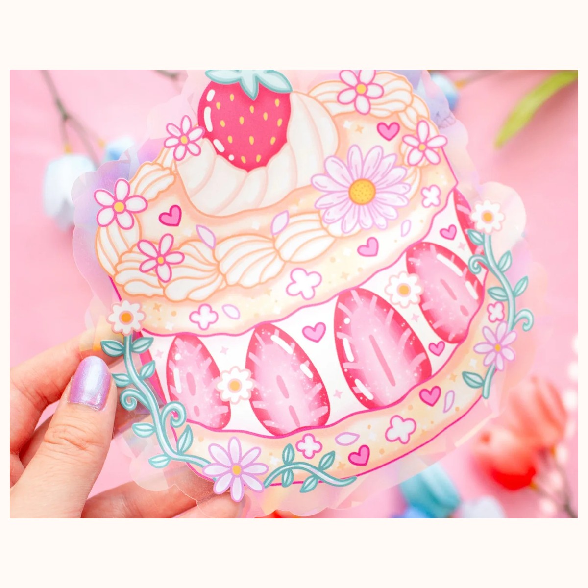 Strawberry Cake Suncatcher Sticker | Rainbow Maker Window Decal view 5
