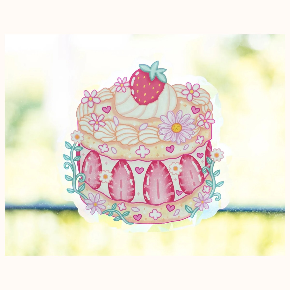 Strawberry Cake Suncatcher Sticker | Rainbow Maker Window Decal view 6