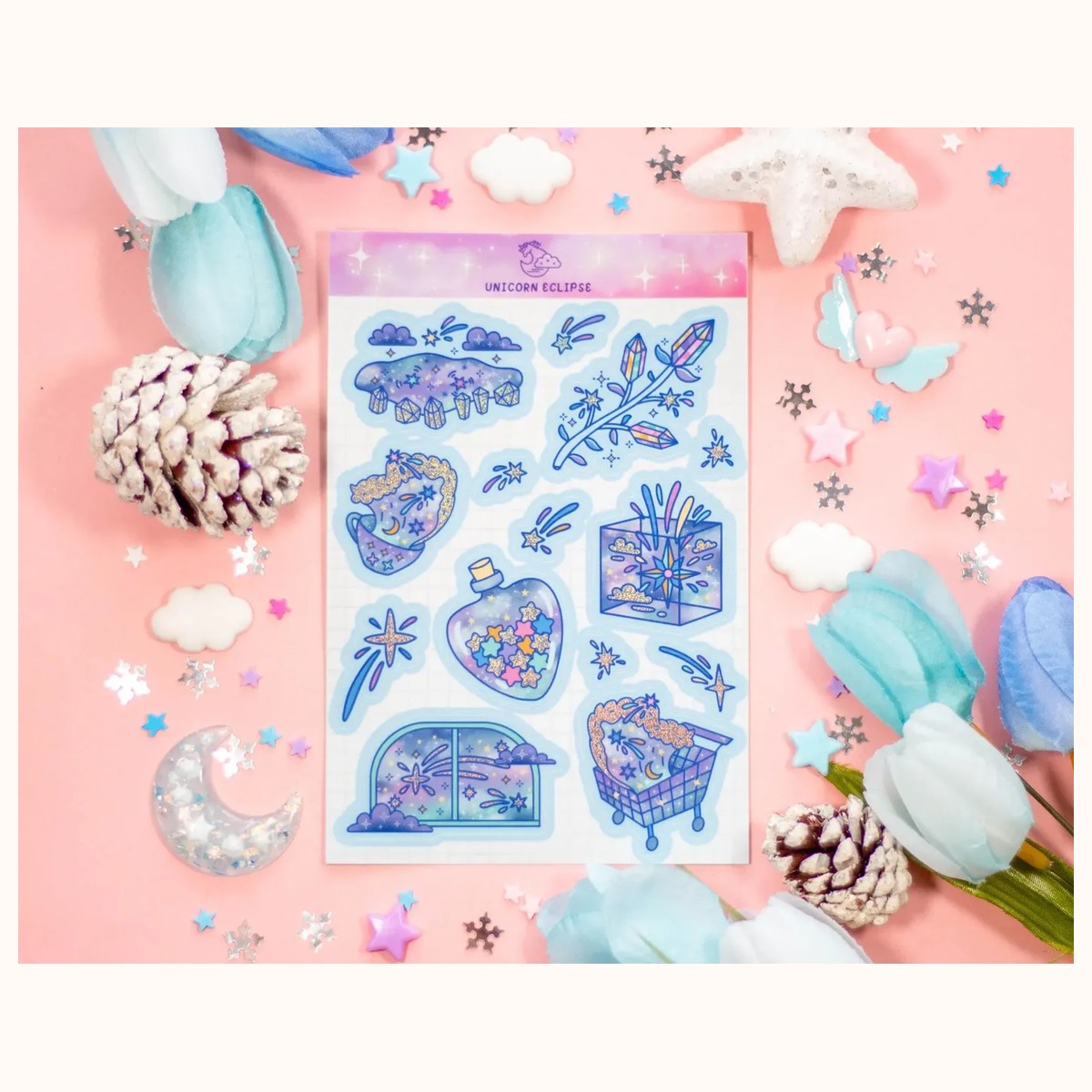 Celestial Galaxy Holographic Aesthetic Cute Planner Sticker Sheet, stickers from Farouk Book Store