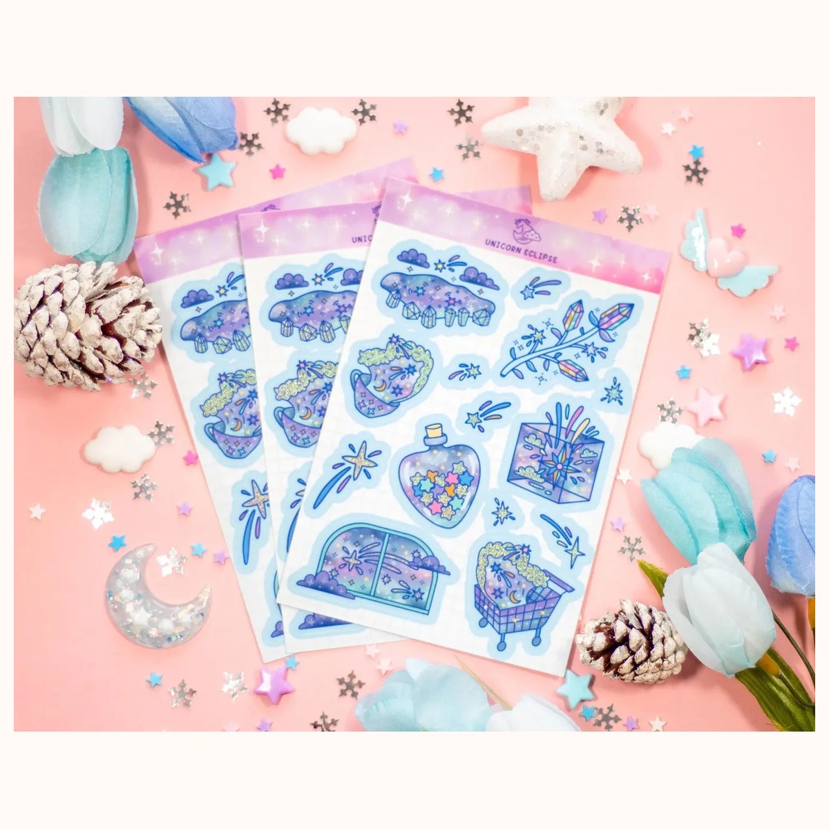 Celestial Galaxy Holographic Aesthetic Cute Planner Sticker Sheet view 6