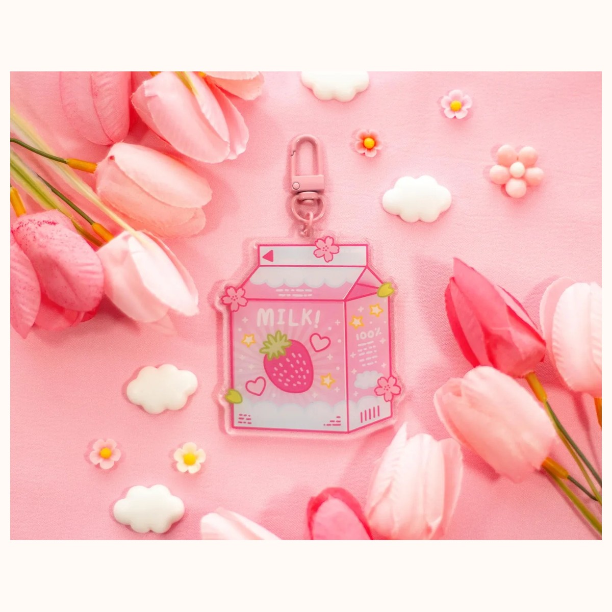 Strawberry Milk Aesthetic Cute Acrylic Charm Keychain by Farouk Book Store