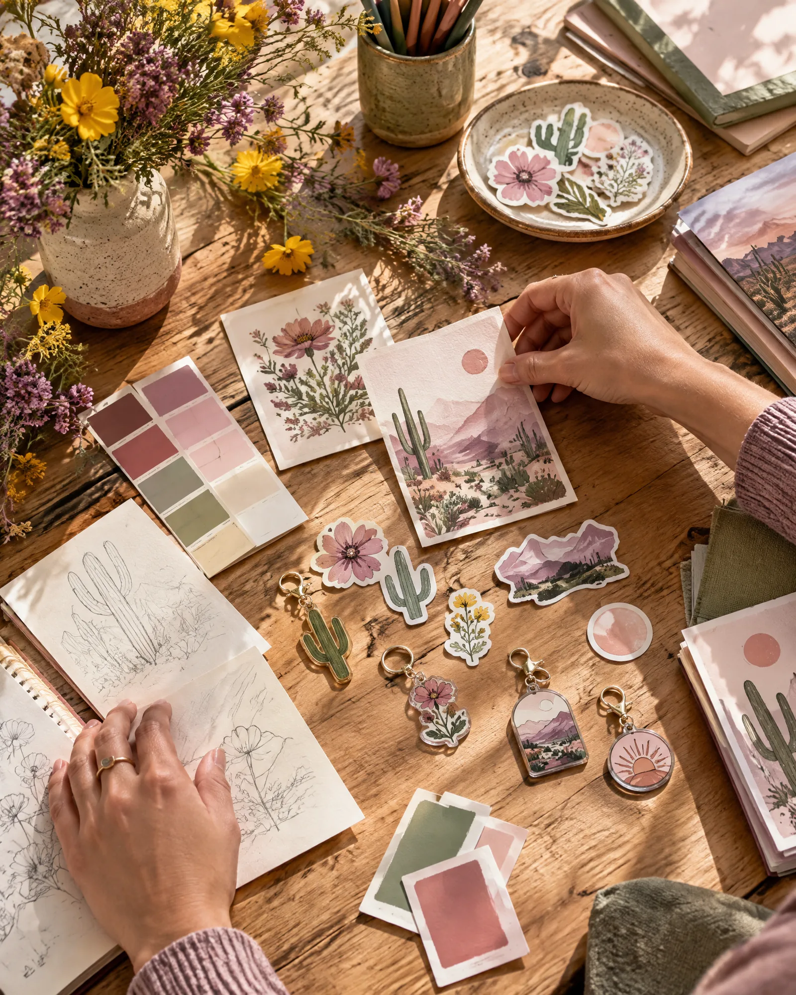Hands arranging colorful card and sticker designs in the Farouk studio