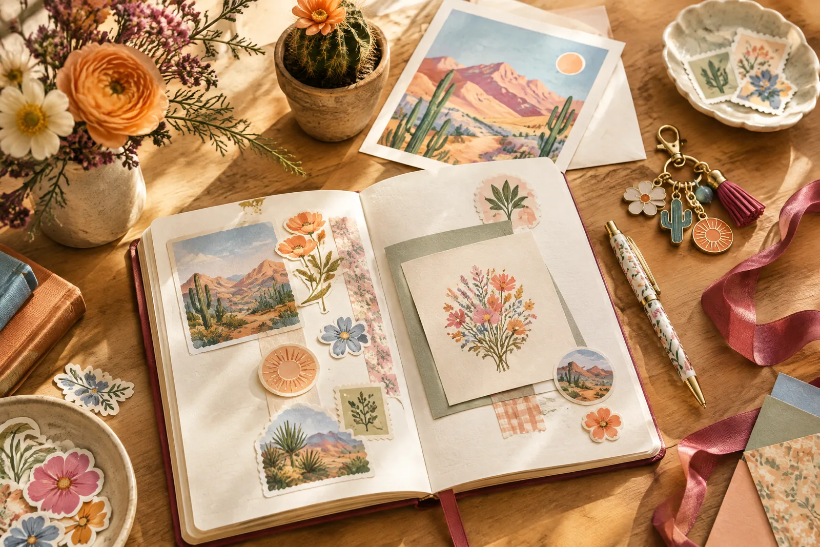 A creative Farouk Book Store worktable with stationery and flowers