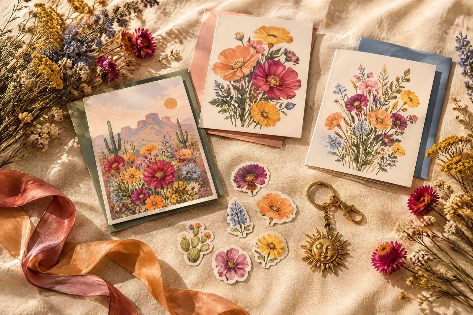 Desert Bloom stationery collection with cards, stickers and keychain